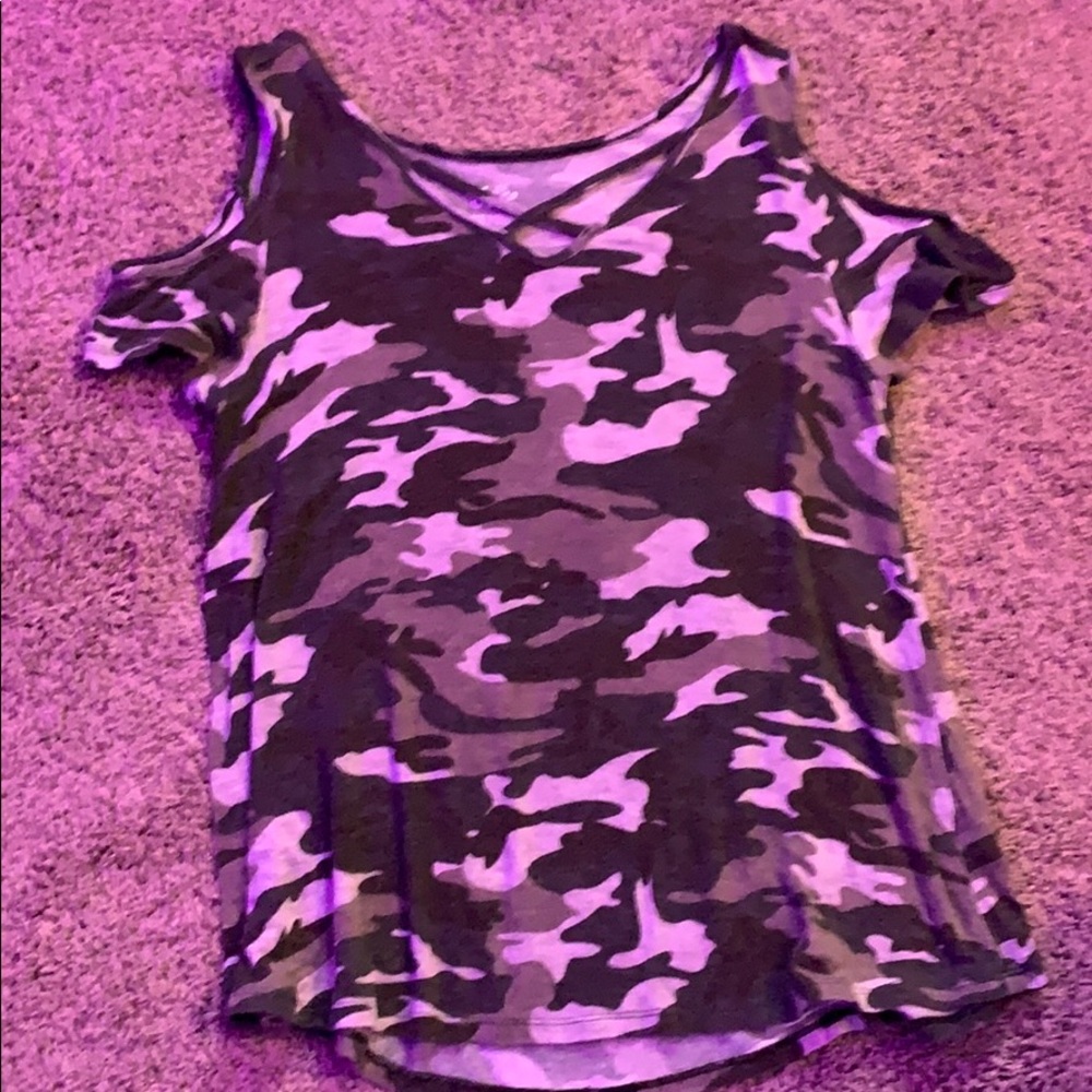 justice camo off the shoulder a little bit shirt